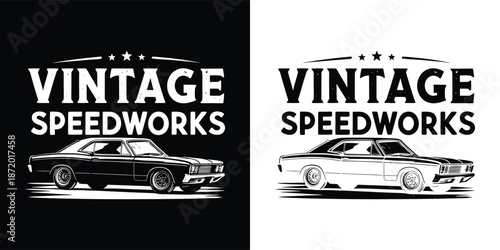 Vintage speedworks logo featuring a classic American muscle car design in contrasting black and white styles