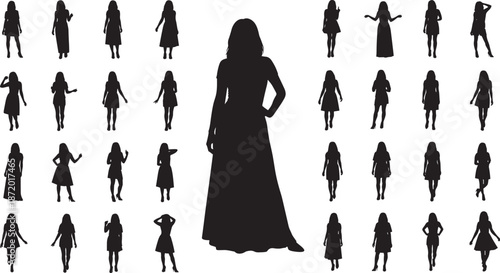 Collection of standing people silhouettes, diverse group of men and women in casual poses, black vector figures isolated on a white background.