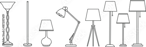 Lamp outline silhouettes set featuring table lamps, floor lamps and desk lighting designs, minimalist interior decor and home furniture icons isolated on white background