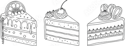 Hand drawn delicious cake slices collection with cherry orange and cream toppings for bakery menus coloring pages and birthday celebration decor