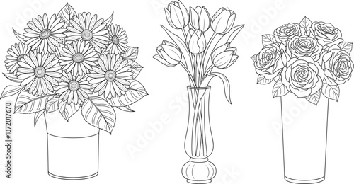 Beautiful hand drawn floral bouquets with roses tulips and daisies in vases for coloring books wedding invitations and spring decor