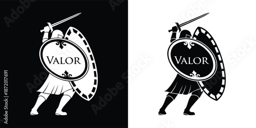 Striking black and white vector graphic showcasing a medieval warrior character holding a sword and a shield displaying the word valor