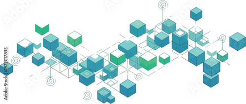 Modern network system with interconnected blue and green cubes