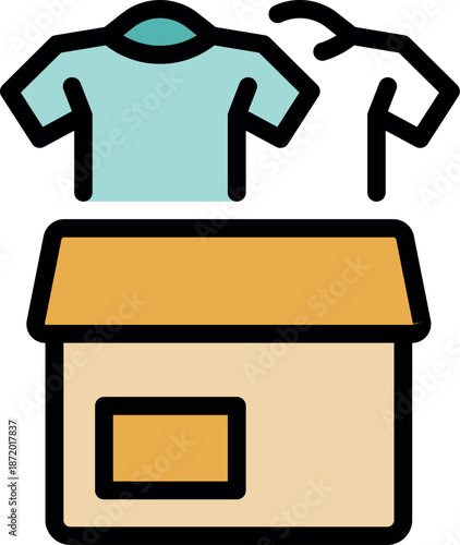 Online clothes shop selling t shirts and shipping them via cardboard box, e commerce and online shopping concept