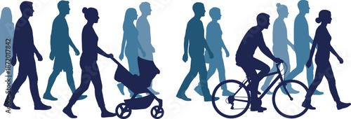 Silhouettes, of, people, walking, cycling, and, pushing, strollers, in, a, set, of, various, poses, isolated, on, white, background, vector, illustration, graphic, collection.