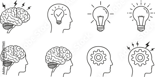 Creative brain and idea icon set with lightbulbs gears and human head silhouettes for mental health psychology and brainstorming concepts
