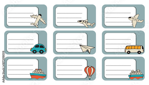 Notebook labels with cute kids' icons of transportation, colorful design, template for schoolbook labels. Set bright name stickers for notebook. Back to school labels. Name and Class
