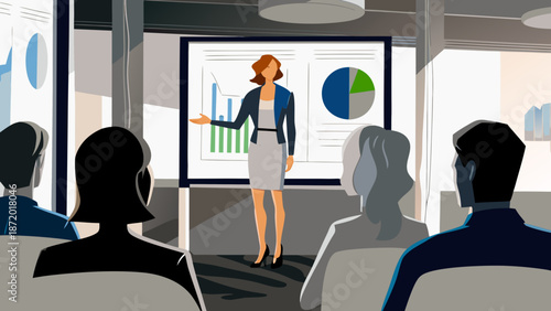 Businesswoman presenting data on screen to colleagues in modern office