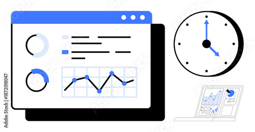 Data analytics, time tracking, business performance, productivity, technology, workflow monitoring. Dashboard with graphs, clock and laptop. Data analytics and time tracking for business