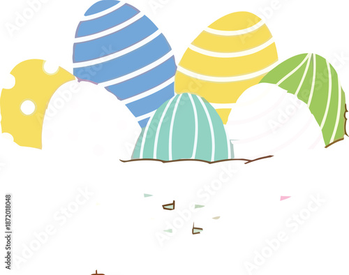 Colorful Easter eggs in a wicker basket on pink background