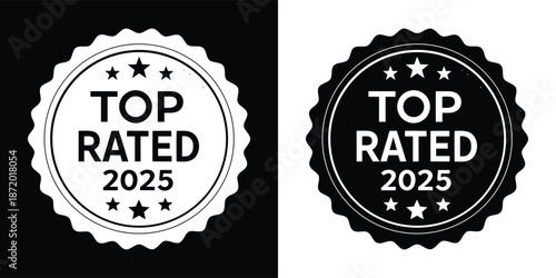 Set of two top rated 2025 certification badges showcasing quality assurance and distinguished excellence in black and white formats