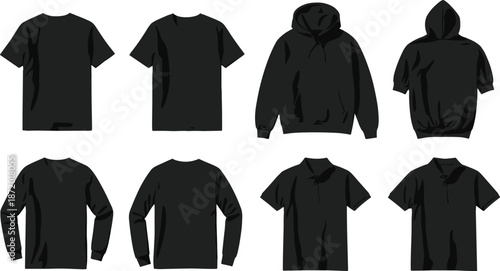Black top fashion set, front and back views of t-shirts, hoodies, polos, long sleeves, flat vector illustration