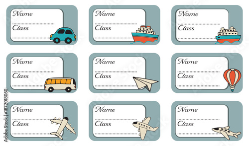 Notebook labels with cute kids' icons of transportation, colorful design, template for schoolbook labels. Set bright name stickers for notebook. Back to school labels. Name and Class