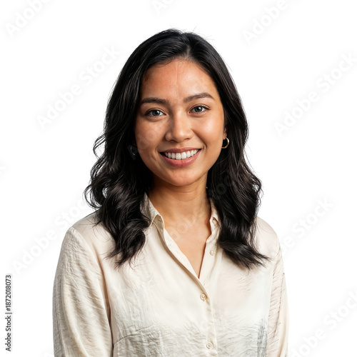 Happy young Asian businesswoman smiling confidently at camera in light beige blouse, isolated transparent background.