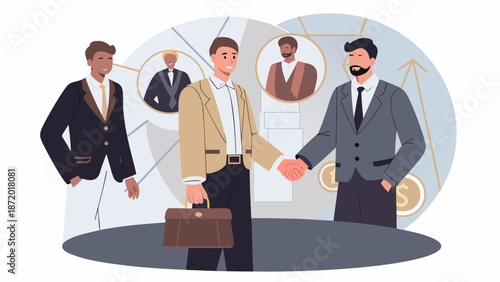 Businessmen shaking hands in modern office setting with financial graphics