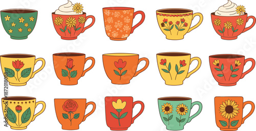 Colorful hand drawn vintage coffee mugs with floral patterns and cream toppings for kitchen decor cafe menus and cozy morning concepts