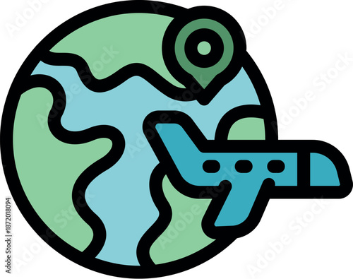 Airplane flying around planet earth with location pin, representing worldwide travel, tourism and transportation