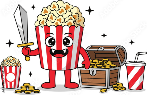 Cartoon popcorn character with sword, treasure chest scene, snack adventure concept, playful food mascot design, flat vector illustration