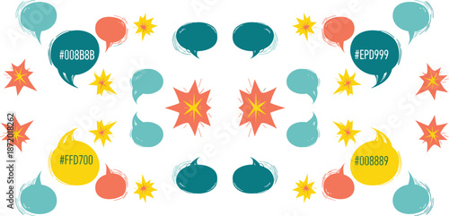 Colorful speech bubbles and starbursts, vibrant design elements, hex code accents, symmetrical layout artwork, flat vector illustration