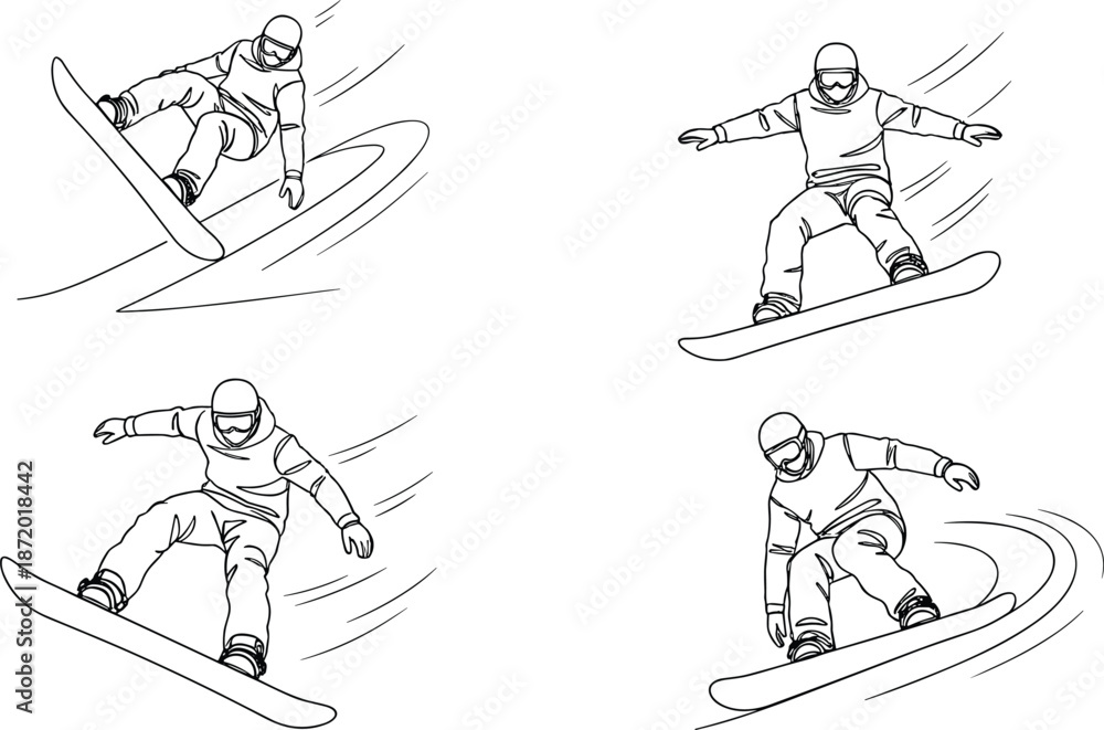 Fototapeta premium Action oriented hand drawn snowboarder collection featuring athletes jumping and carving for winter sports apparel extreme hobby and mountain resort designs