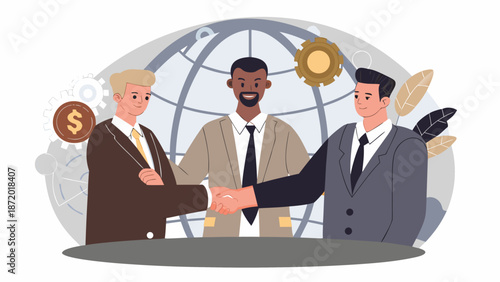 Businessmen shaking hands in agreement with global partnership