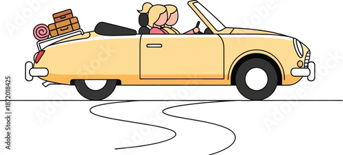 Couple on a romantic road trip adventure in a vintage convertible