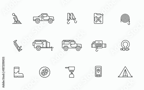 Print Offroad car and tools equipment icons set in simple linear style. Adventure off road vehicle symbol logo icon collections