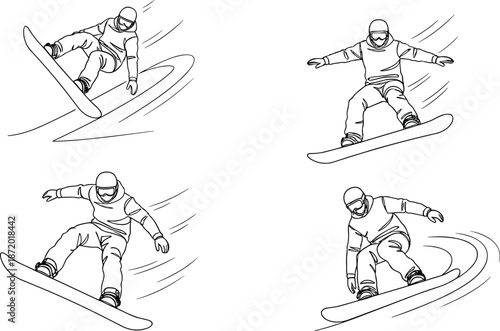 Action oriented hand drawn snowboarder collection featuring athletes jumping and carving for winter sports apparel extreme hobby and mountain resort designs