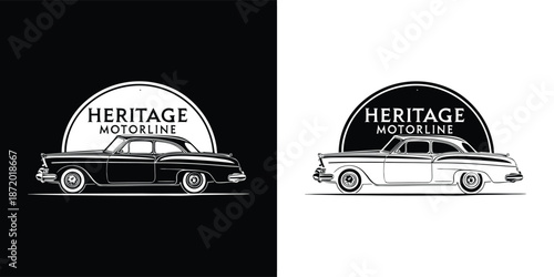 Classic American car logo design featuring a vintage coupe silhouette available in both positive and negative contrast versions