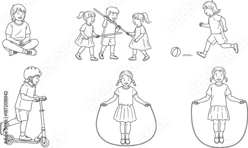 Cute collection of children playing outdoors featuring kids jumping rope riding a scooter playing soccer and sitting in line art style