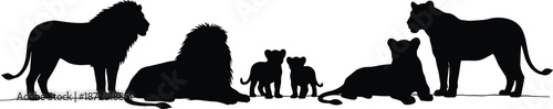 Lion family silhouette, wildlife scene, animal group, black illustration, nature composition, cubs and adults, safari icon, white background