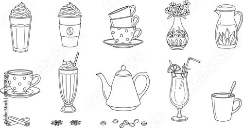 Coffee shop and cafe drink icon collection featuring latte cups teapot milkshake and decorative flower vase in minimalist black line art