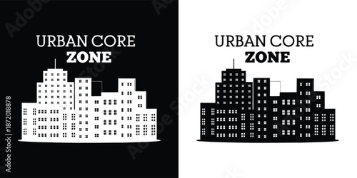 Graphic representation of an urban core zone featuring stark black and white silhouettes of city buildings against contrasting backgrounds