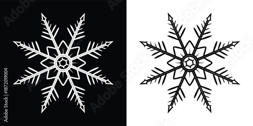 Stylized geometric six-pointed snowflake design displayed in contrasting black and white vector format perfect for winter themes