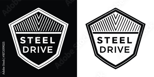 Minimalist black and white shield emblem featuring bold text that clearly reads steel drive design variation concept