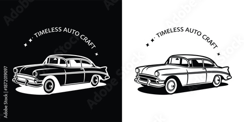 Vintage two door sedan automobile logo design featuring a classic American car outline in black and white contrast