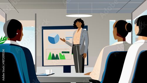 Businesswoman presenting data on screen to colleagues in modern office