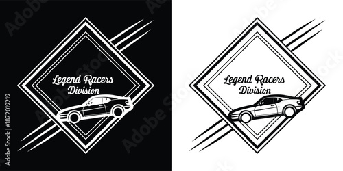Vector graphic logo design featuring a classic sports car inside a stylized geometric frame representing a racing division.