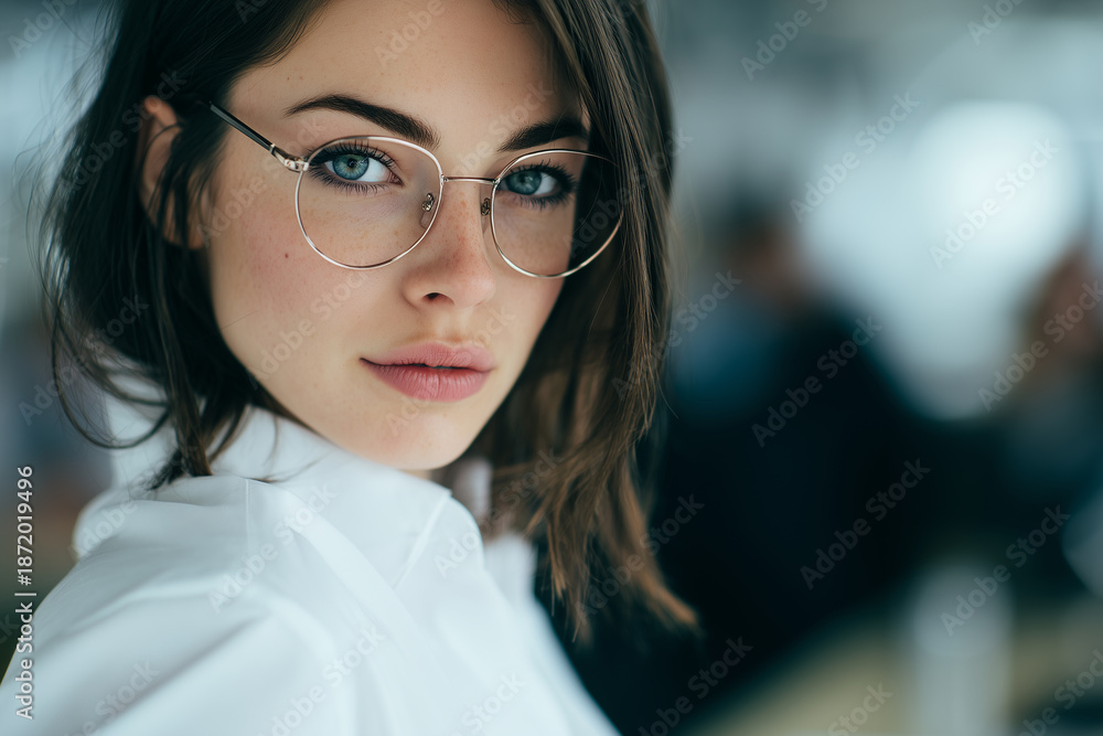 Fototapeta premium photo, asian business, Cute businessgirl. Glasses. Minimalist office in the background, out of focus 