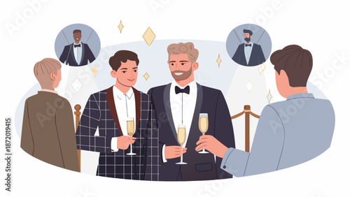 Elegant men in suits enjoying champagne at a sophisticated event