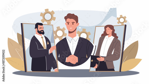 Business professionals in virtual meeting with screens