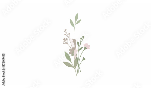 Minimal watercolor botanical arrangement with small wildflowers in soft pastel tones on white background