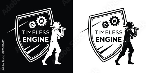Striking baseball player silhouette merged with gears and shield design for a timeless engine brand logo concept
