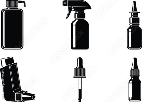 Medical dispenser set, black and white line icons, spray bottle, dropper, inhaler, nasal spray, flat vector illustration