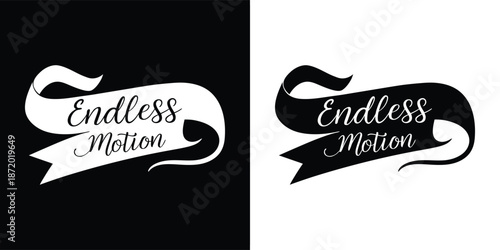 Graphic design featuring the cursive phrase endless motion elegantly displayed on a flowing banner element in contrasting black and white versions