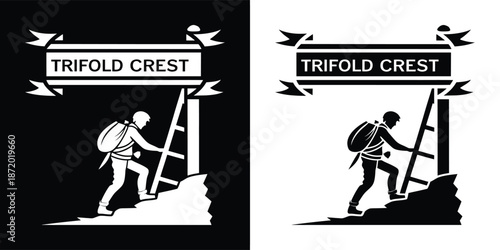 Mountaineer figure climbing a ladder beneath a banner labeled trifold crest symbol in dual color schemes