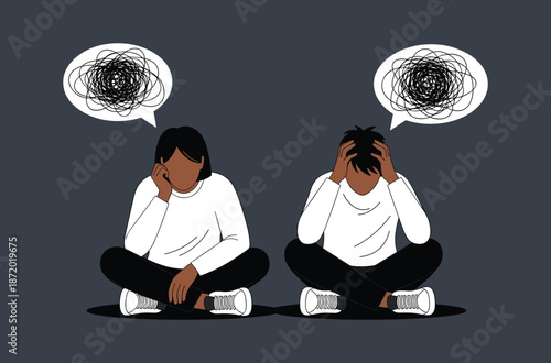 Mental stress illustration, emotional turmoil concept, confused thought bubbles, sitting figures in distress, psychological health design, flat vector illustration