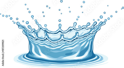 Dynamic water splash crown shape, blue droplet burst, fluid motion design, realistic ripple effect, flat vector illustration