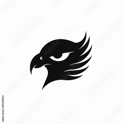 Powerful black eagle or hawk head silhouette logo on white background. Minimalist bird of prey graphic icon symbol design.