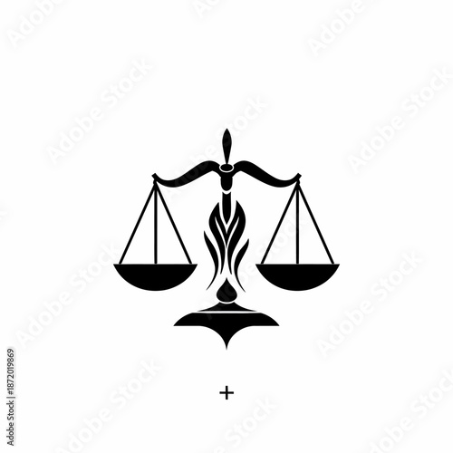 Justice and law symbol: detailed black silhouette of a balance scale icon, representing fairness and equality